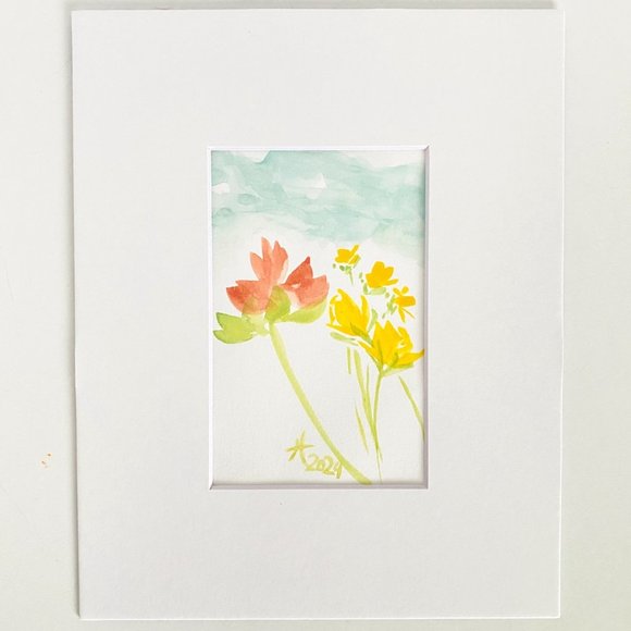 Spring Fling Original Wall Art Minimalist Flowers Watercolor Painting Mat 8x10in - Picture 2 of 4